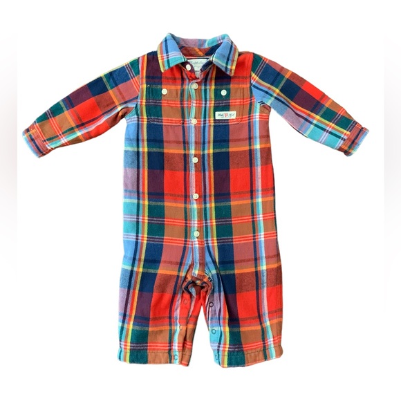 Ralph Lauren boy one piece long sleeve flannel outfit, plaid, 6 months - Picture 1 of 10